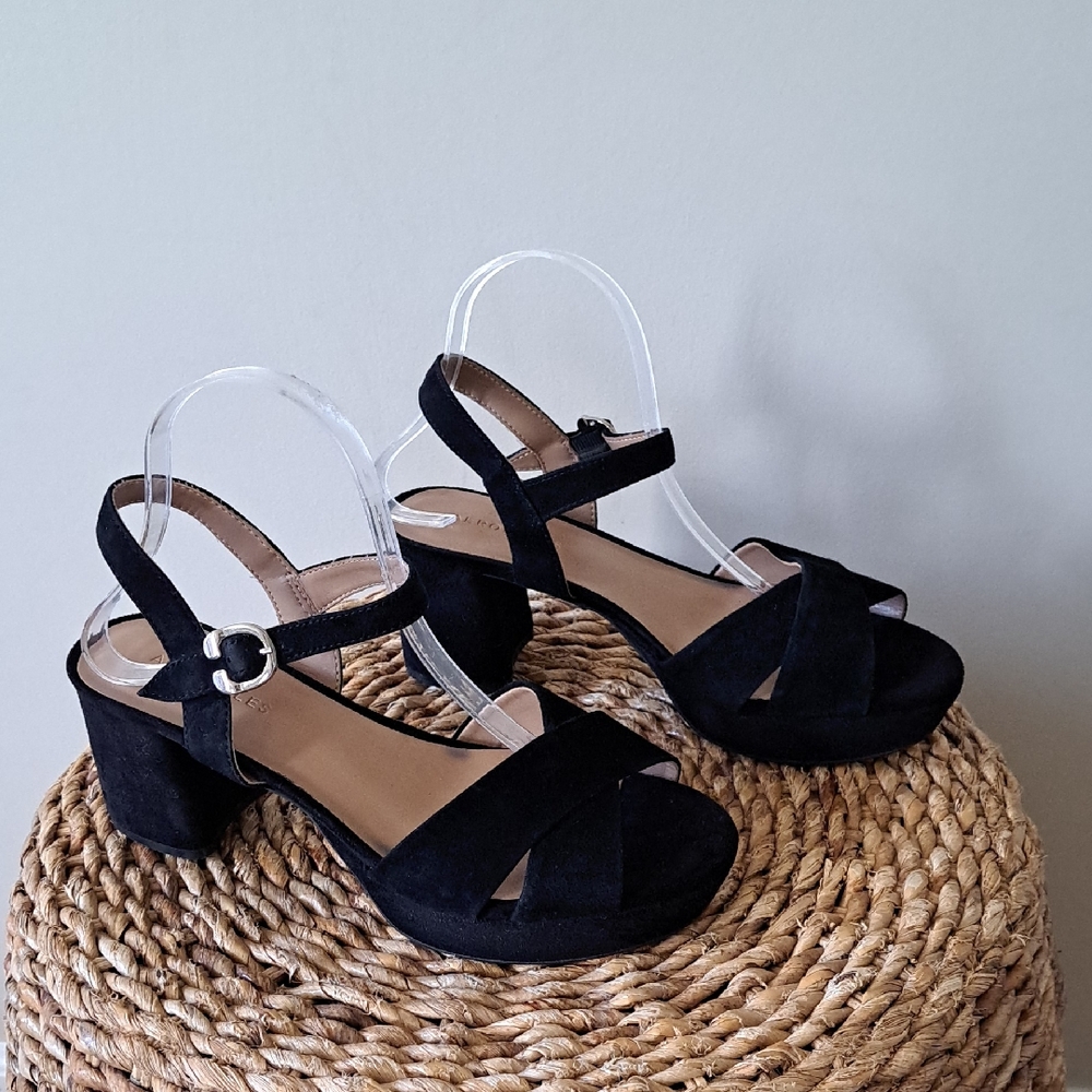 Aerosoles Womens Classic Coamos Black Suede Leather Platform Heel Sandals 8.5‎